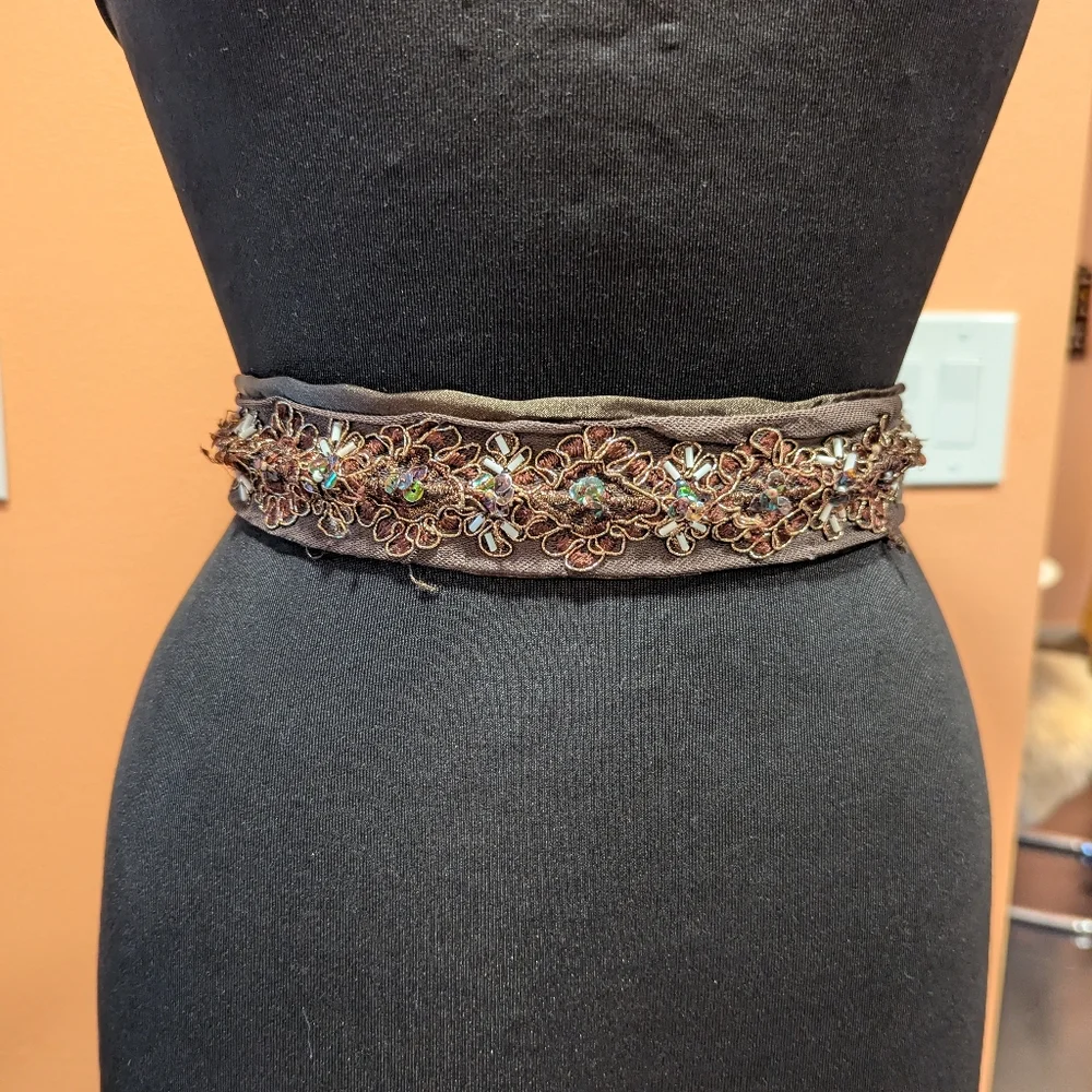 Whimsigoth Vintage Y2K Brown Belt Satin Embroidered Tie Waist Or Headband